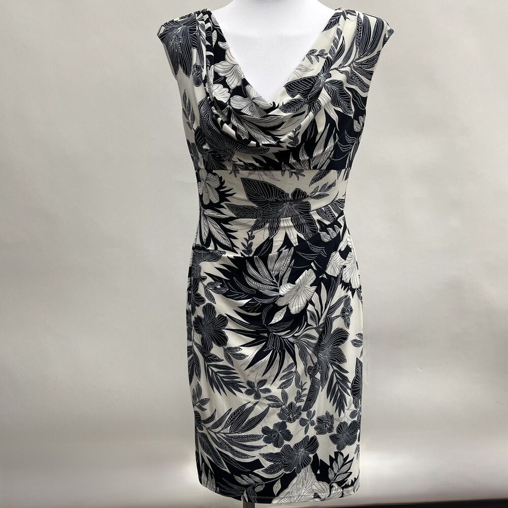 Lauren Ralph Lauren Bodycon Dress Size 10 Blue White Ivory Leaves Sleeveless
